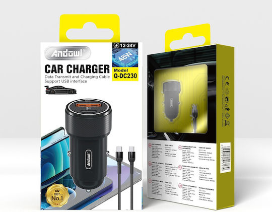 Andowl Автомобилен Зарядно Устройство 48W Бързо Зареждане с Портове 1xUSB-A 1xType-C с Кабел Type-C Черен Цвят