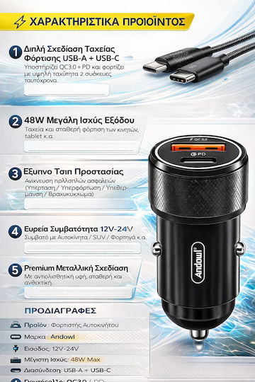 Andowl Автомобилен Зарядно Устройство 48W Бързо Зареждане с Портове 1xUSB-A 1xType-C с Кабел Type-C Черен Цвят