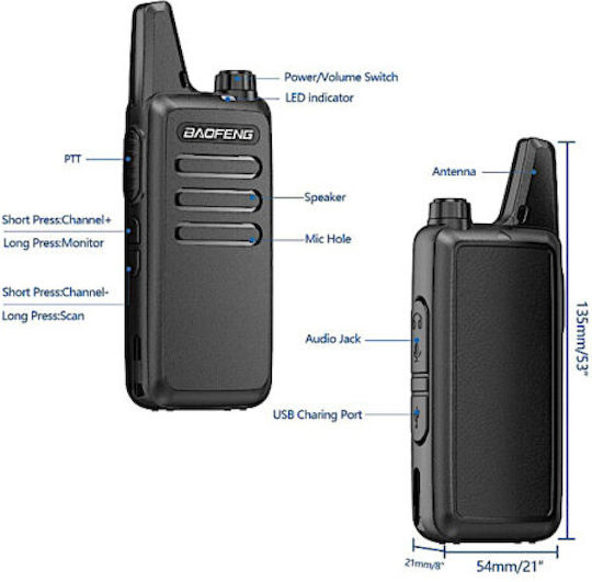 Baofeng BF-T20 Walkie Talkie 5W χωρίς Οθόνη Σετ 2τμχ