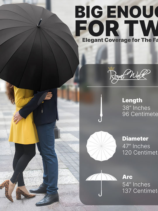 Royal Walk Антиветрена Автоматична Чадър за Дъжд с бастун за ходене Черен Royal Walk Антиветрена Автоматична Чадър за Дъжд с бастун за ходене Черен