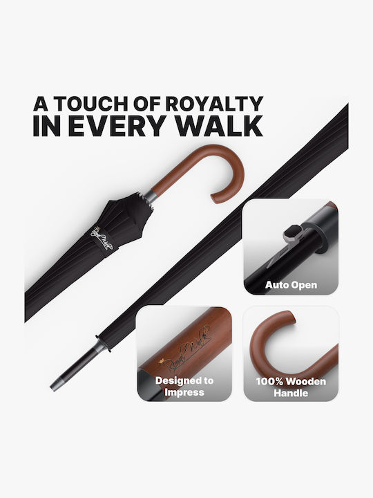 Royal Walk Антиветрена Автоматична Чадър за Дъжд с бастун за ходене Черен