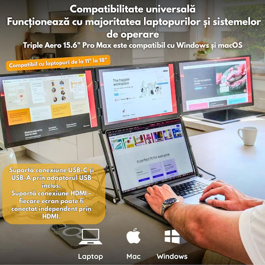 Qova Monitor Portabil Triplu Extensibil Pentru Laptop 15.6 Inch Full HD IPS 3 Monitor Extensor Ecran 1080p Conexiune USB-C HDMI 60Hz 300 Nits Compatibil Windows Mac Linux Suport Reglabil Plug And Play Display 16:9 Laptopuri 11-18 Inch