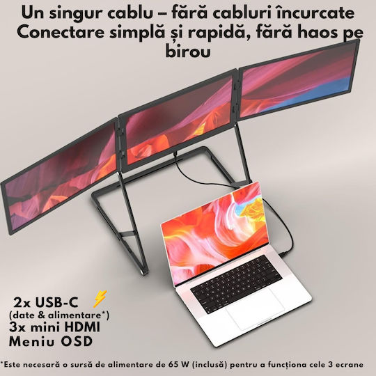 Qova Monitor Portabil Triplu Extensibil Pentru Laptop 15.6 Inch Full HD IPS 3 Monitor Extensor Ecran 1080p Conexiune USB-C HDMI 60Hz 300 Nits Compatibil Windows Mac Linux Suport Reglabil Plug And Play Display 16:9 Laptopuri 11-18 Inch