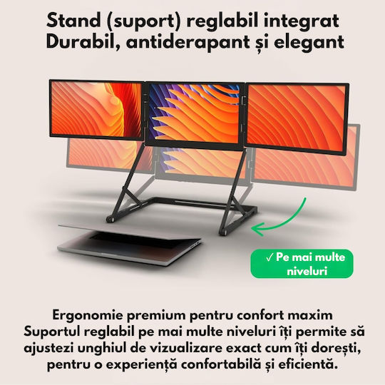 Qova Monitor Portabil Triplu Extensibil Pentru Laptop 15.6 Inch Full HD IPS 3 Monitor Extensor Ecran 1080p Conexiune USB-C HDMI 60Hz 300 Nits Compatibil Windows Mac Linux Suport Reglabil Plug And Play Display 16:9 Laptopuri 11-18 Inch