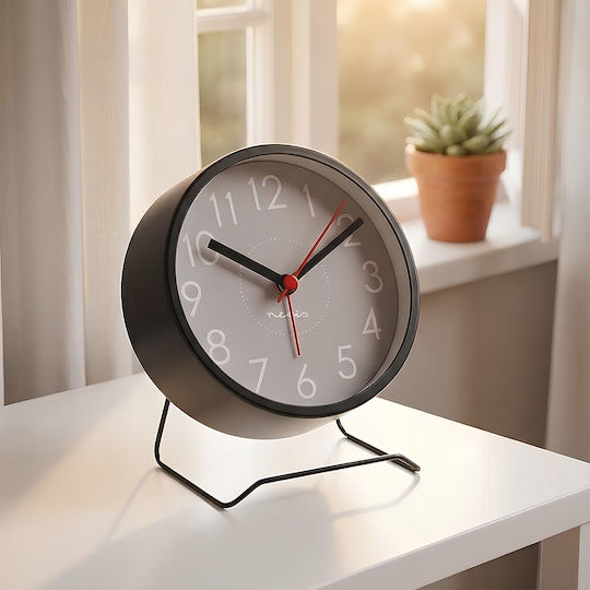 Nedis Runde Designer Analog Wecker Metallständer Schlummerfunktion Schwarz