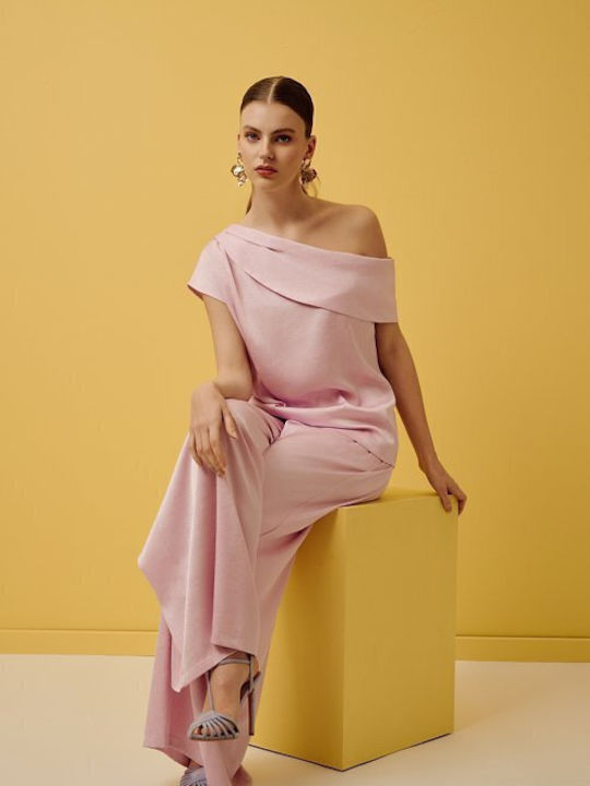 Women's Satin Off-Shoulder One Shoulder Pink Blouse