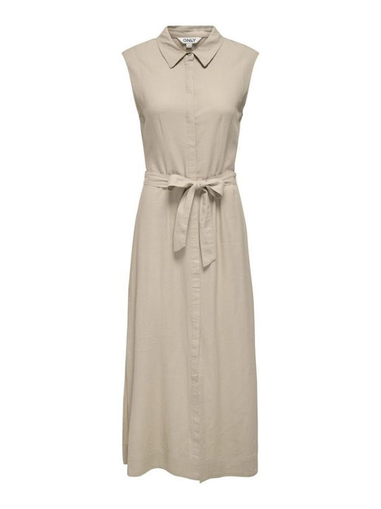 Καλοκαιρινό Midi Σεμιζιέ Φόρεμα Αμάνικο Oxford Tan