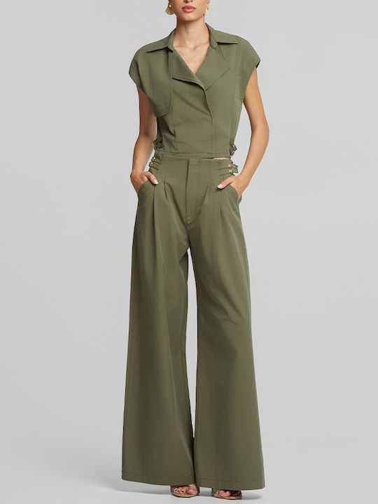 Women's High Rise Fabric Trousers in Loose Fit Khaki
