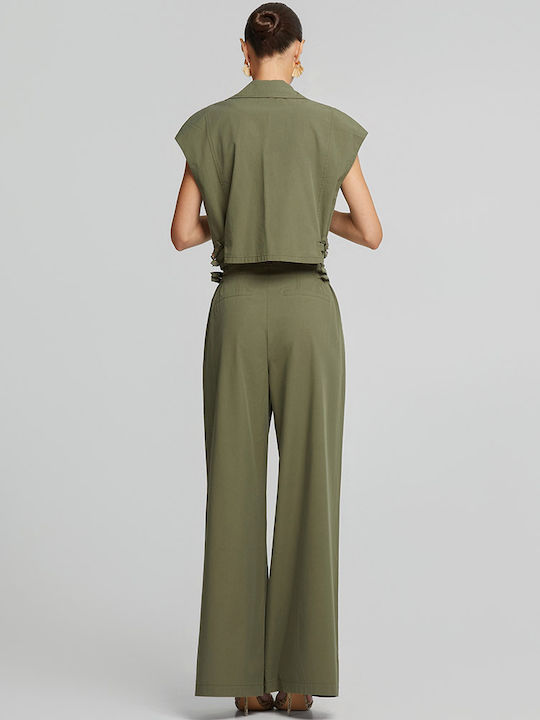 Women's High Rise Fabric Trousers in Loose Fit Khaki