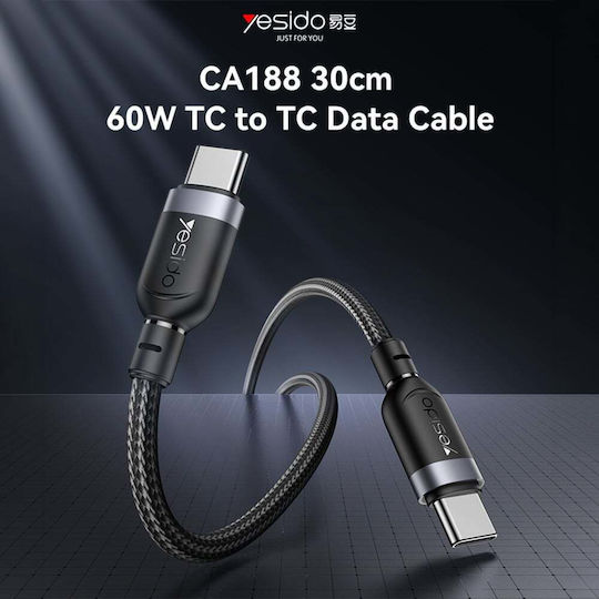 Yesido Braided USB 2.0 Cable USB-C male - USB-C 60W PD Μαύρο 0.3m
