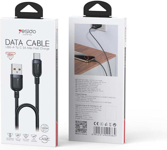 Yesido Braided USB 2.0 Cable USB-C male - USB-A / USB-C 18W Μαύρο 1.2m