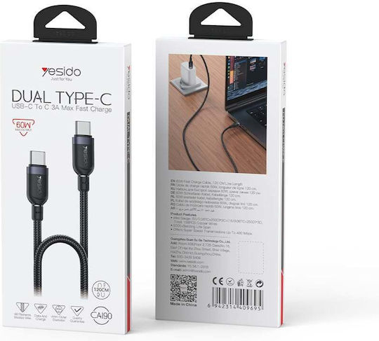 Yesido Braided USB 2.0 Cable USB-C male - USB-C 60W Μαύρο 1.2m