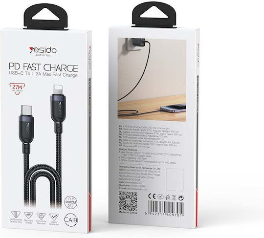 Yesido Geflochtenes USB-C zu Blitzkabel 27W Schwarz 2m