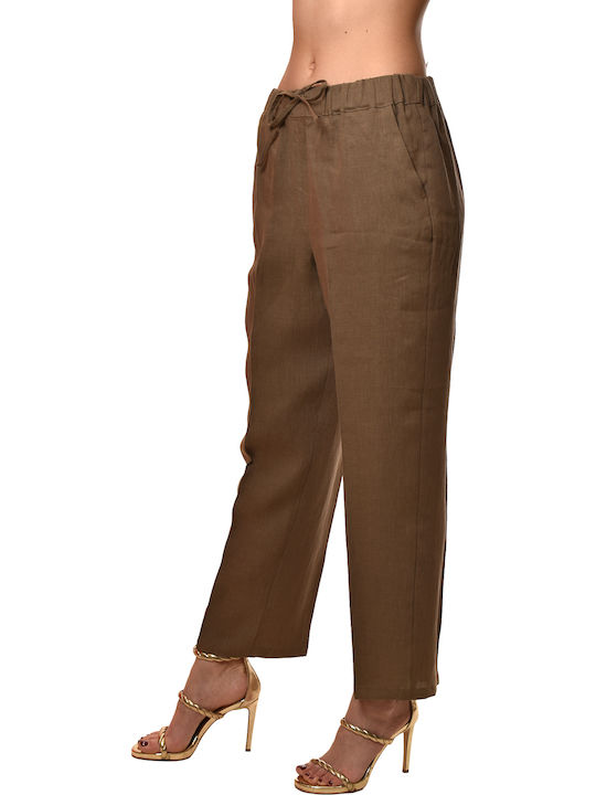 Women's Fabric Trousers with Rubber Band Brown