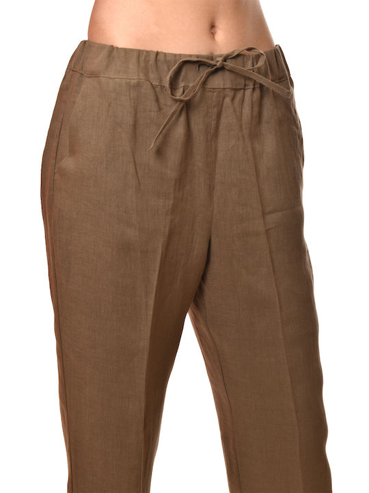 Women's Fabric Trousers with Rubber Band Brown