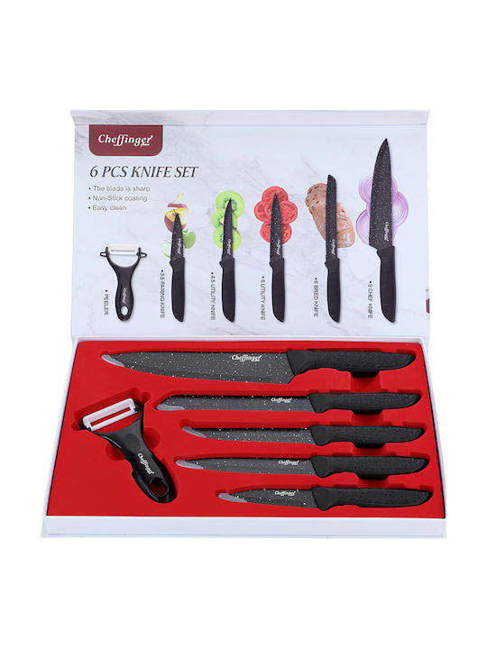 Cheffinger Set 6 Non-stick Marble-effect Knives Peeler Black