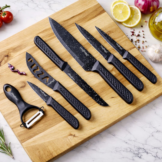 Cheffinger Set 6 Knives Peeler Non-stick Pizza Cutter Black