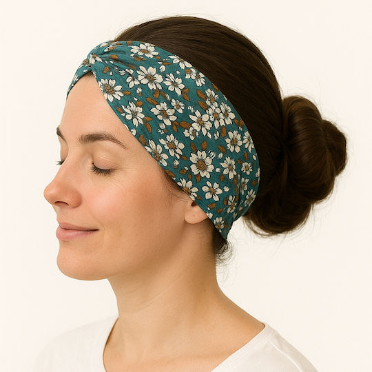 Crossed Headband Hair In Soft Cotton Flowers Blue Foliage