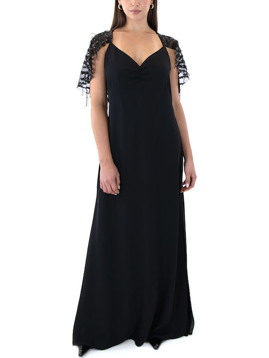 Maxi Βραδινό Φόρεμα Εξώπλατο με Βολάν Μαυρο (black)