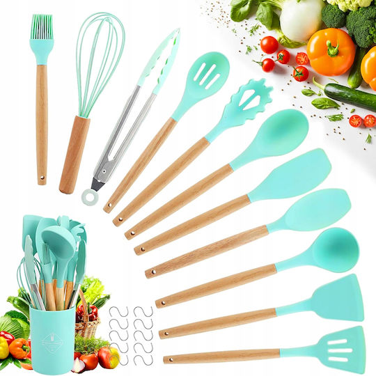Cooking Utensil Set Made of Silicone With Stand 12 Pieces Green