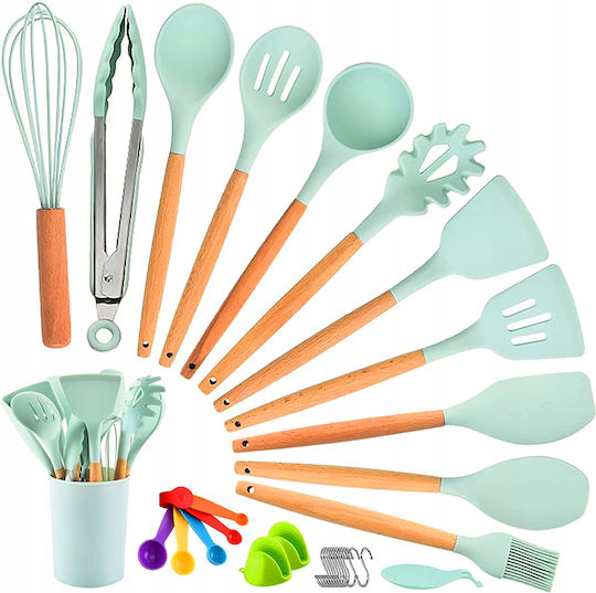 Cooking Utensil Set Made of Silicone With Stand 12 Pieces Green
