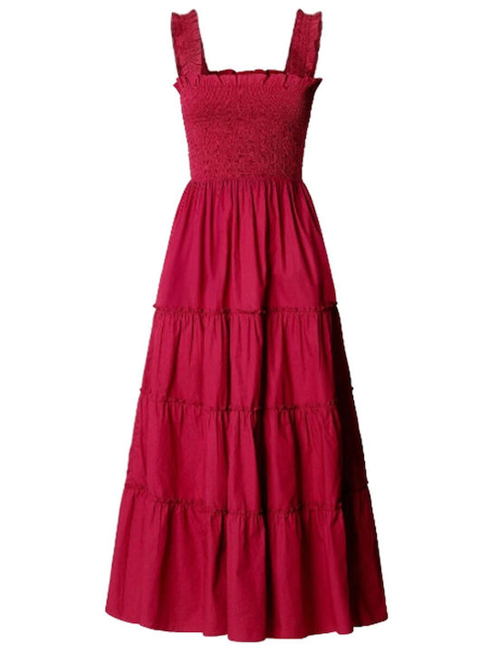 Summer Midi Dress with Ruffles Cranberry Pink