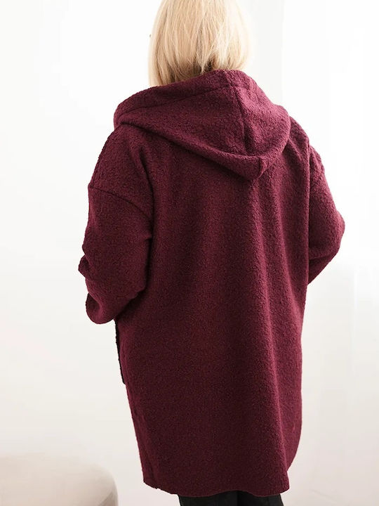Women's Purple Oversized Teddy Coat with Hood & Fur Details
