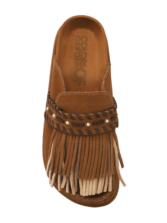 Flat Suede Mules In Tabac Brown Color