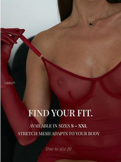 Set De Lenjerie Sexy 3 Bucăți Obro Rochie Mini Plasă Semitransparentă Tanga Mănuși Lungi Roșii