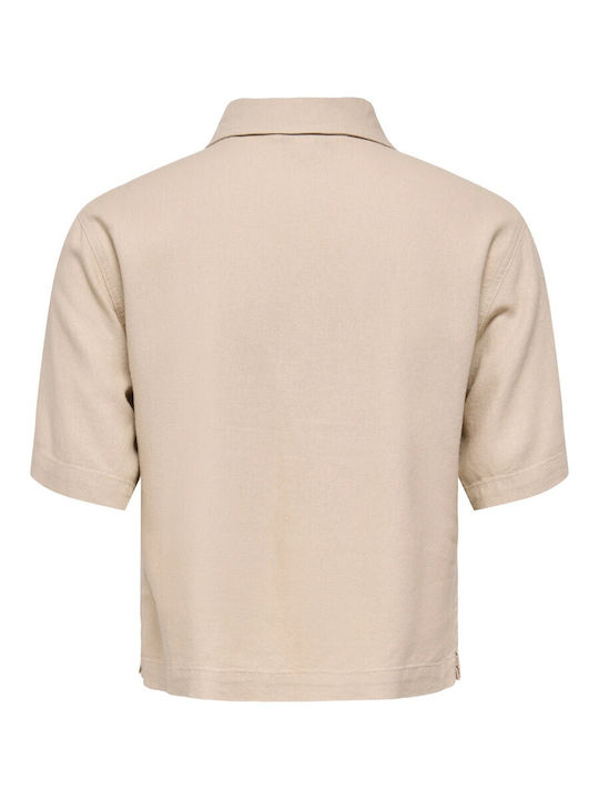 Kurzärmeliges Damenleinen-Hemd Beige