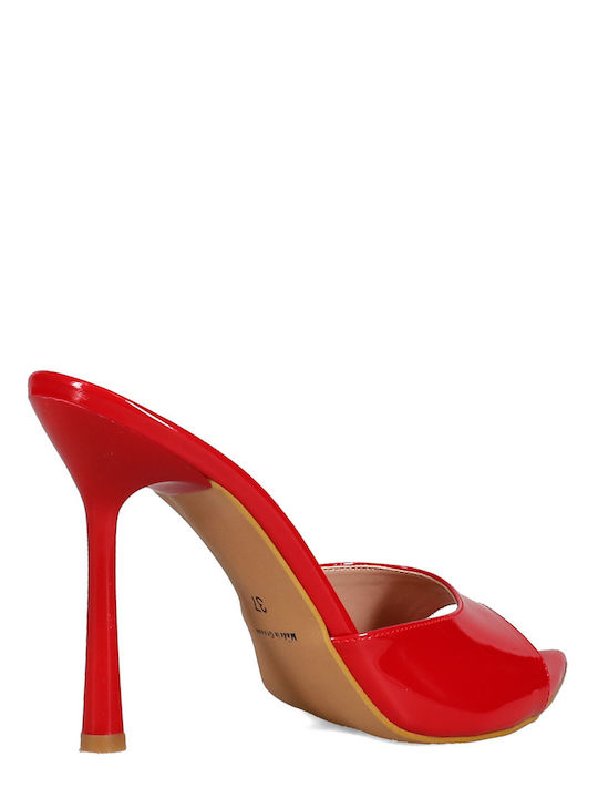 Women's Mules Made of Patent Leather with High Heel in Red Color