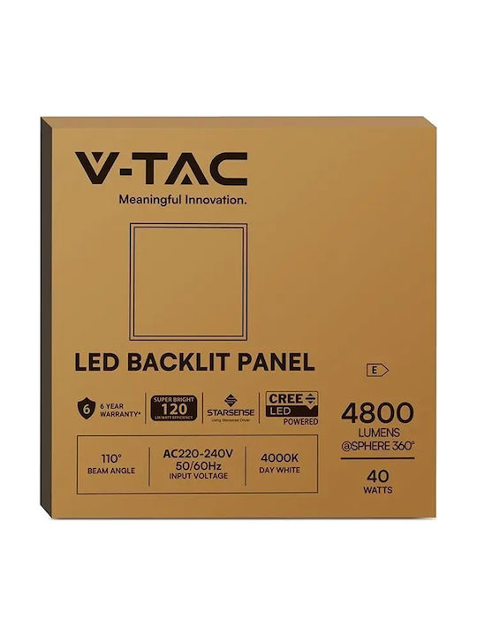 V-TAC Τετράγωνο Χωνευτό LED Panel 40W με Φυσικό Λευκό Φως 4000K 60x60εκ.