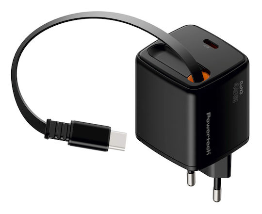 Powertech Powertech Handyladegerät mit Eingebautem Kabel GaN mit USB-C USB-C 45W Stromlieferung Schnellladetechnologie 2.0 3.0 4.0 Schwarz