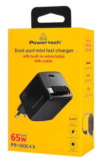 Powertech Charger with Integrated GaN Cable with USB-C Port USB-C 65W Power Delivery / Quick Charge 2.0 / Quick Charge 3.0 / Quick Charge 4.0 Black (PT-1573)