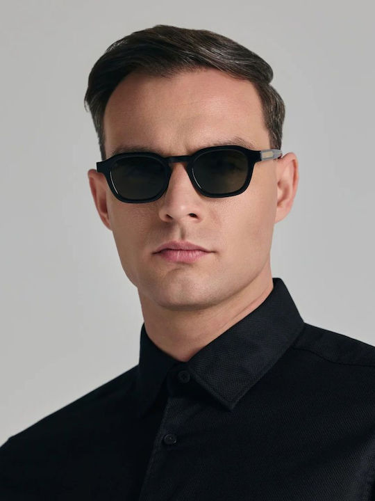 Faos Herren Sonnenbrille mit Schwarzem Horn umrandetem Rahmen und Schwarzem Glas SIKINOS-1