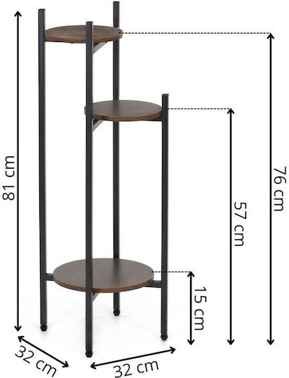 Flower Stand Round 3 Shelves Metal Mdf Structure 32x32x81 Cm Black
