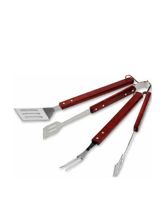 Set 3 Stainless Steel Grill Utensils Wooden Handle Spatula Fork Tongs