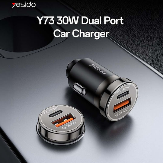 Yesido Y73 Handy-Autoladegerät 30W 3A Schnellladen mit Anschlüssen 1xUSB 1xType-C zusammen mit Lightning Kabel Schwarz