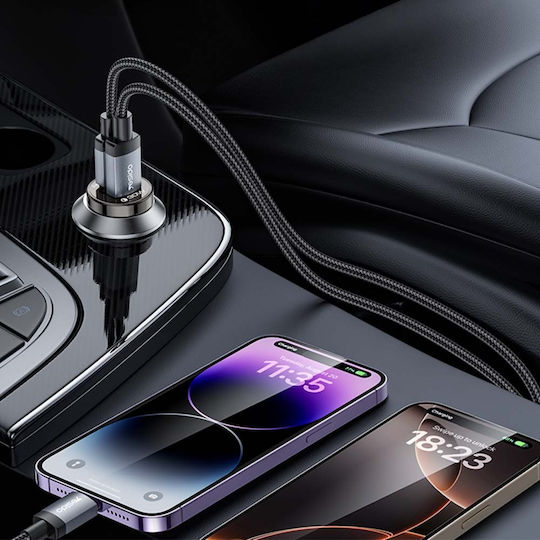 Yesido Y73 Handy-Autoladegerät 30W 3A Schnellladen mit Anschlüssen 1xUSB 1xType-C zusammen mit Lightning Kabel Schwarz