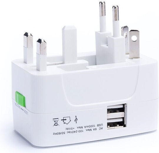 Travel Power Αντάπτορας Πρίζας από Universal σε Universal με 2 Θύρες USB