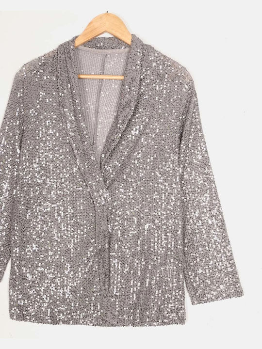 Short Kimono Blazer with Silver Sequins Size XL Silver
