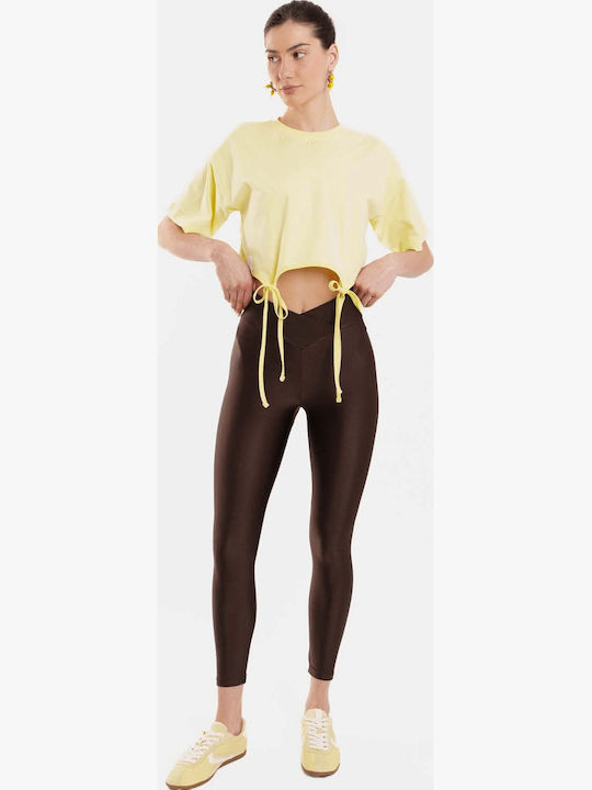 Γυναικείο Crop Top Βαμβακερό Κοντομάνικο Ριγέ Κίτρινο