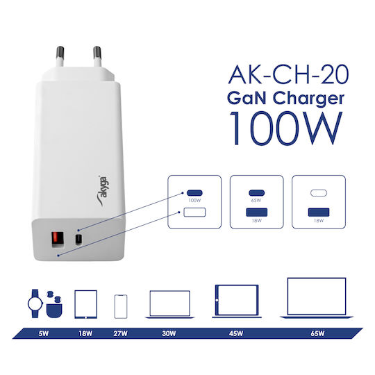 Akyga Mobile Phone Charger Without Cable with USB-A and USB-C Output Ports 100W Power Delivery White