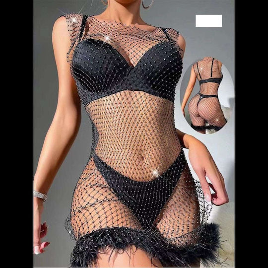 Transparent Ärmelloses Kleid mit Strass und Federn am Saum Schwarz
