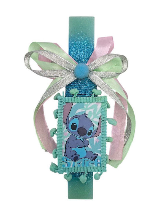 Λαμπάδα Χειροποίητη Πλακέ Αρωματική Stitch Βεραμάν Πομ-πομ Καδράκι 25 Εκ