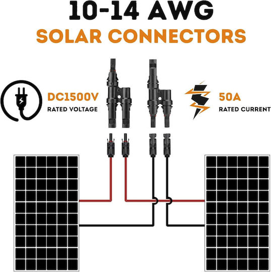 Conector Solar MC4 Splitter Tip T 1 La 2 – Pereche M→FF + F→MM 1500V DC 50A IP68 Material PPO Rezistent UV Cablu 2.5 mm2 4 mm2 6 mm2 – Onuvio