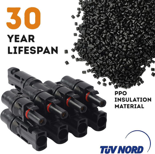 Conector Solar MC4 Splitter Tip T 1 La 4 – Pereche M→ffff + F→mmmm 1500V DC 50A IP68 Material PPO Rezistent UV Cablu 2.5 mm² 4 mm² 6 mm² – Onuvio