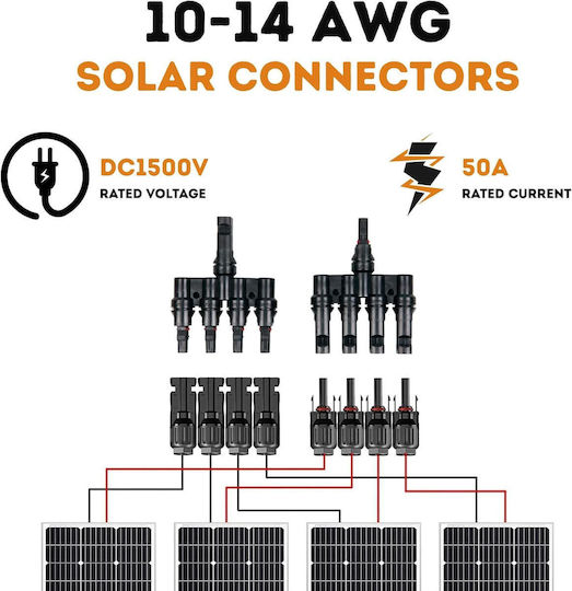 Conector Solar MC4 Splitter Tip T 1 La 4 – Pereche M→ffff + F→mmmm 1500V DC 50A IP68 Material PPO Rezistent UV Cablu 2.5 mm² 4 mm² 6 mm² – Onuvio