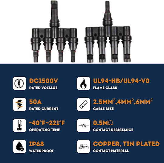 Conector Solar MC4 Splitter Tip T 1 La 4 – Pereche M→ffff + F→mmmm 1500V DC 50A IP68 Material PPO Rezistent UV Cablu 2.5 mm² 4 mm² 6 mm² – Onuvio
