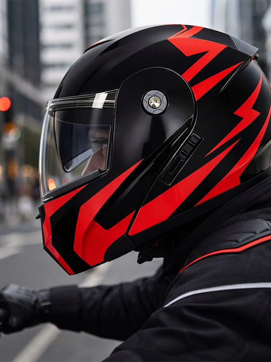 FIXATO Neva Schwarz/Rot Motorradhelm Aufklappbar ECE 22.06 mit Sunvisor